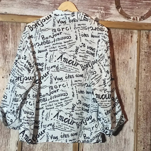 Linen Laura Ashley Woman french print black white button cuffed sleeve 1X - Picture 9 of 12